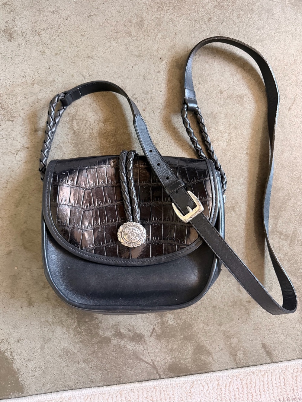 Brighton Black Croc-Embossed Leather Crossbody Bag